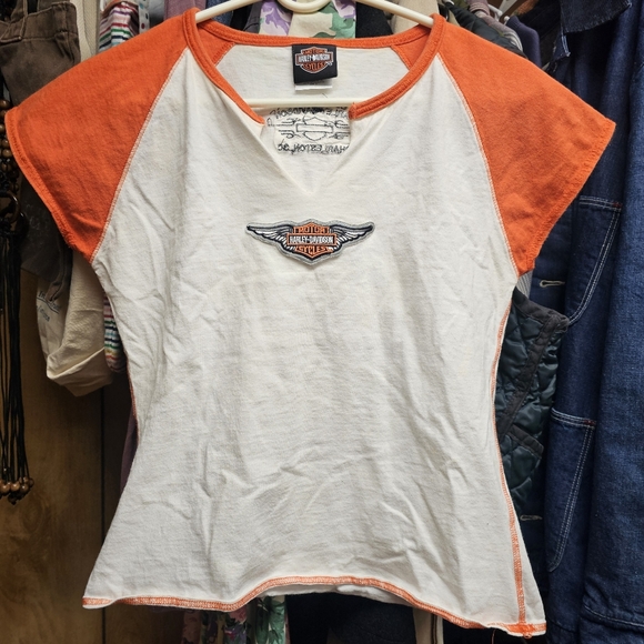 Harley-Davidson Tops - Harley-Davidson White Tee with Orange Raglan Sleeves and Logo Patch